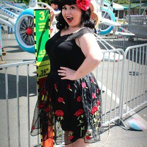Black skirt with embroidered roses on mesh overlay